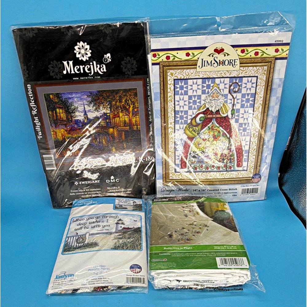 Cross Stitch Embroidery Kit Lot of 4 Merejka, Jim Shore, Janlynn, Bucilla Sealed